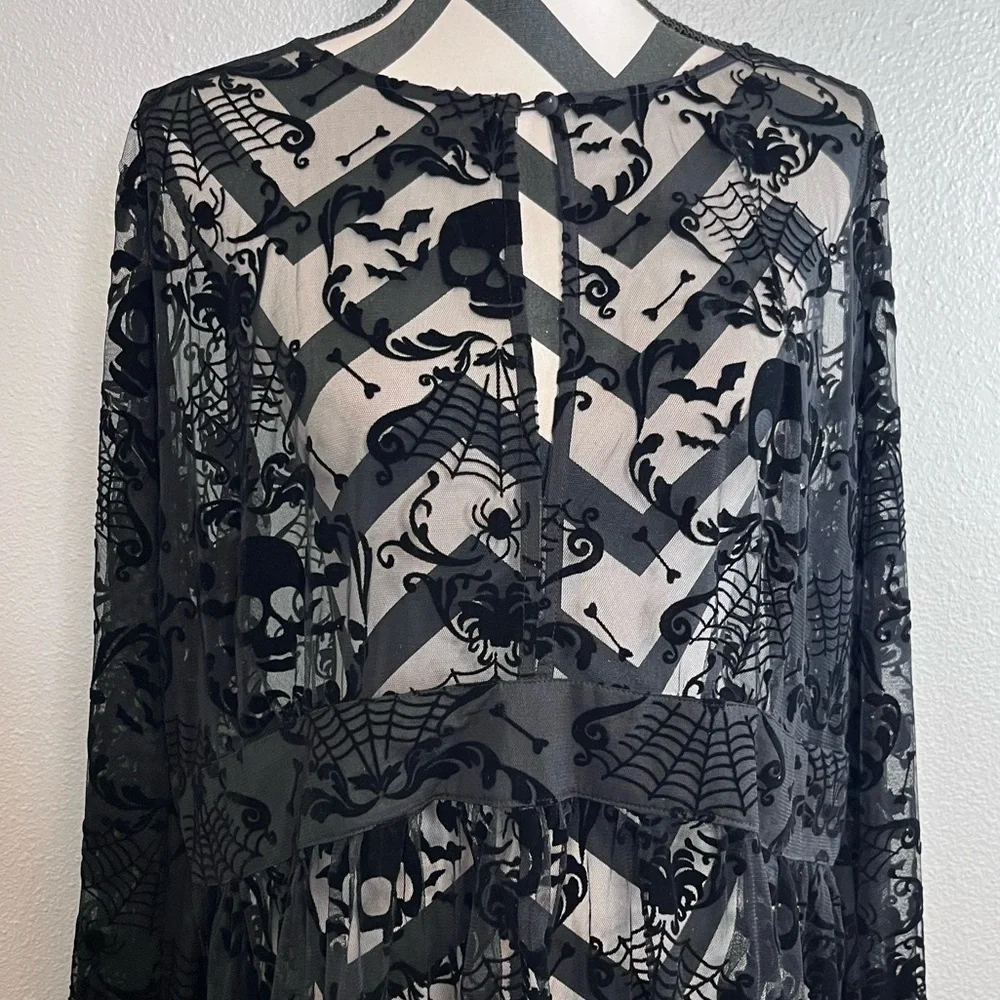 NWT Unique Vintage Sz 2X Whimsigoth Skull Bat Burnout Fringe Sheer Caftan Dress - Picture 3 of 11